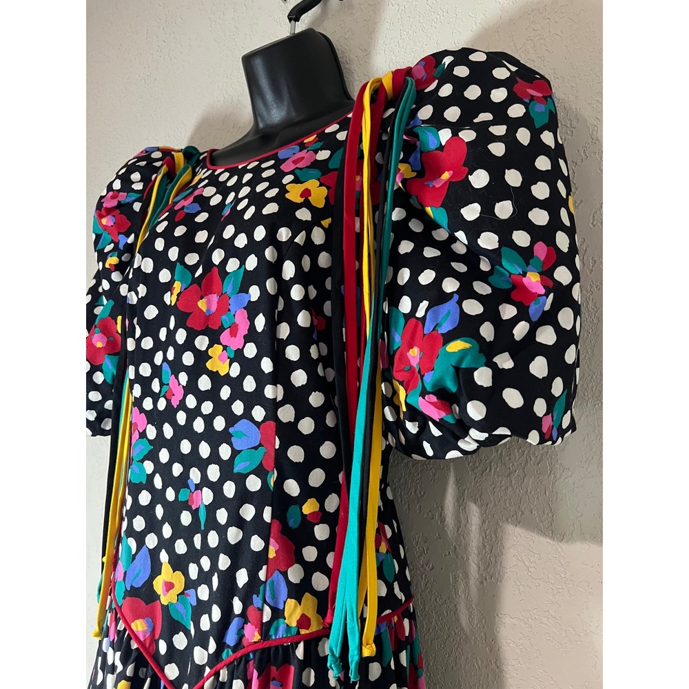 Leslie Lucks Vintage Dress Women 8 Black Floral Polka Dot Excellent Cottagecore - Picture 4 of 10